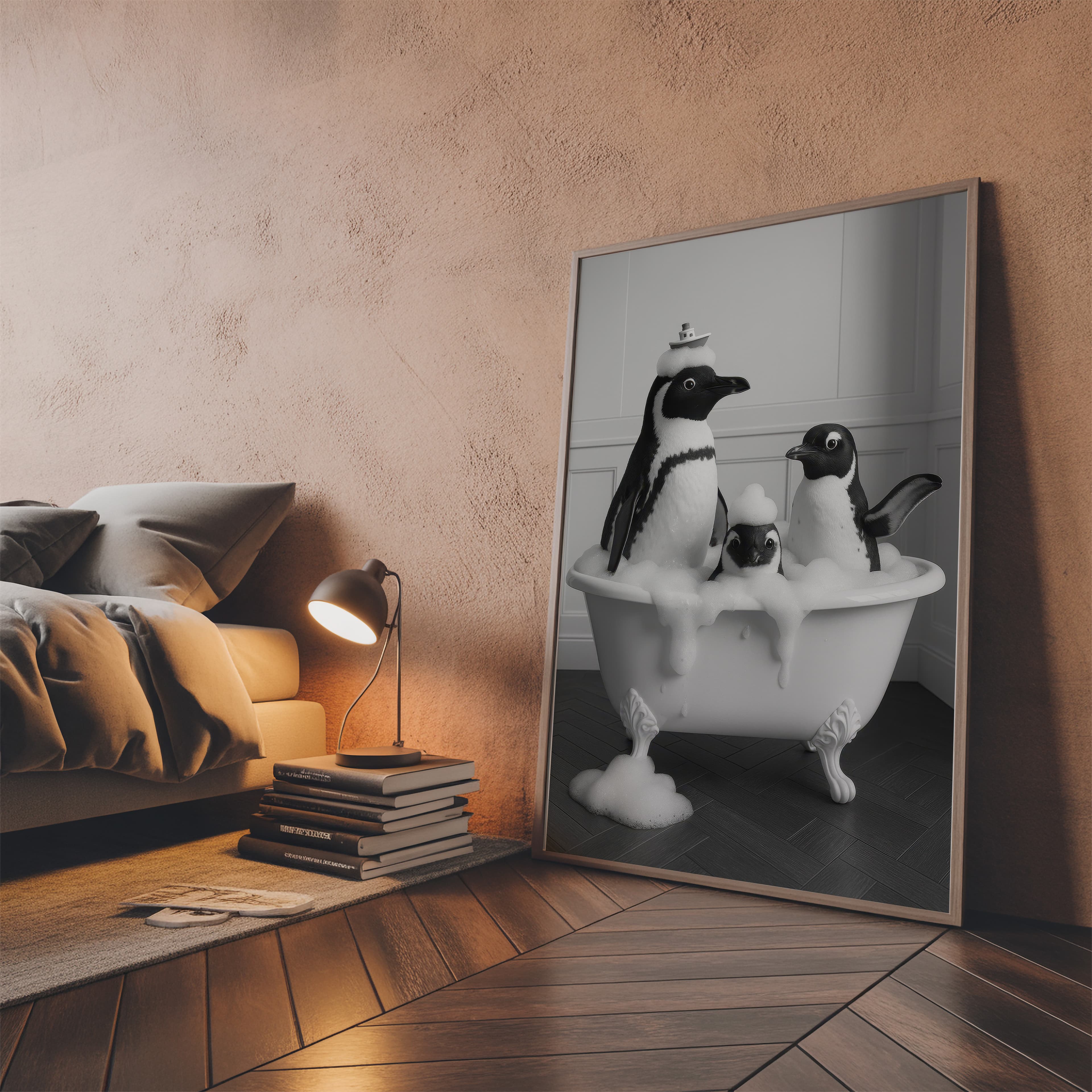 Penguin Family Bathtub Print, Funny Bathroom Wall Art, Kids Bath Decor