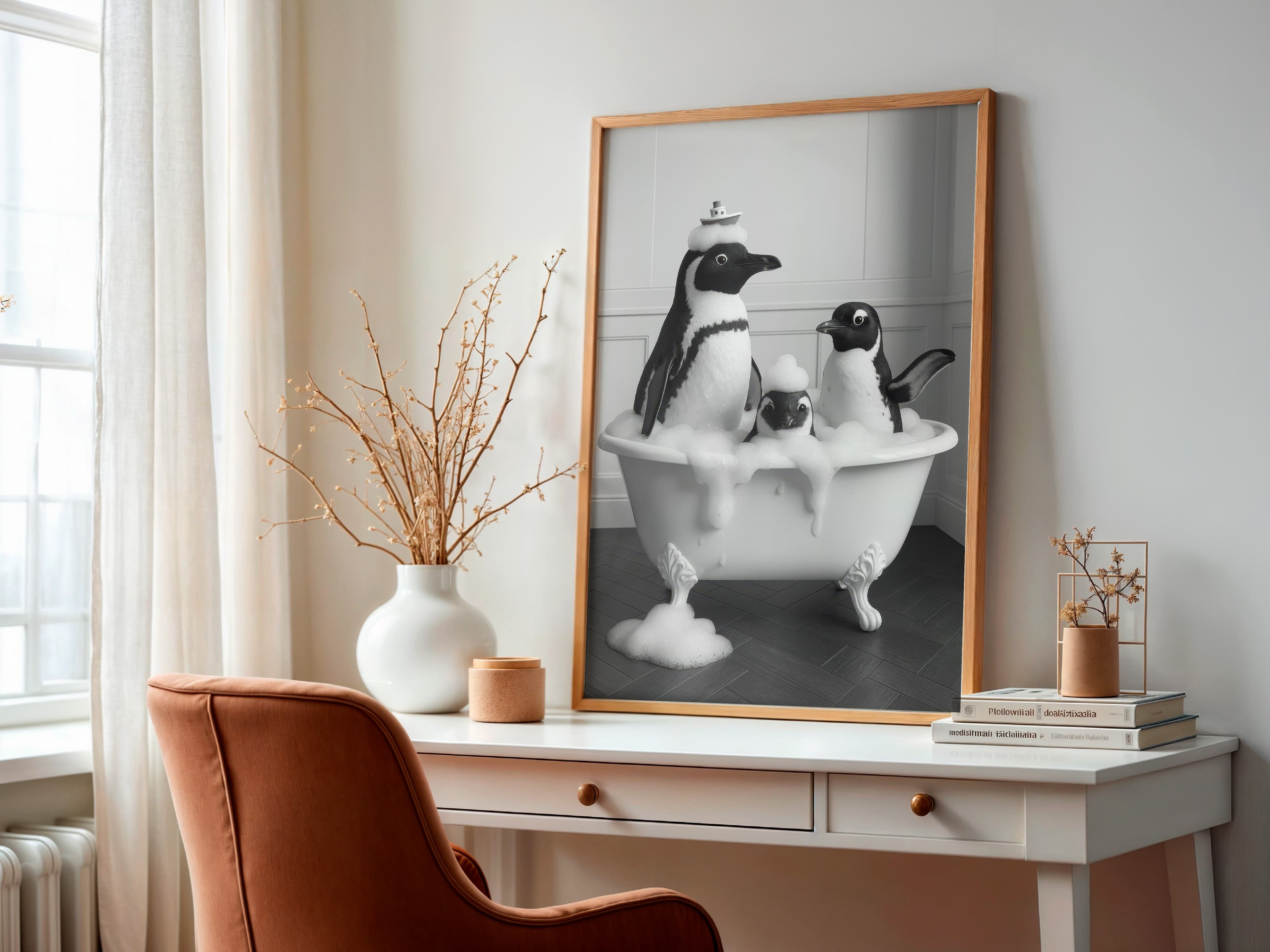 Penguin Family Bathtub Print, Funny Bathroom Wall Art, Kids Bath Decor