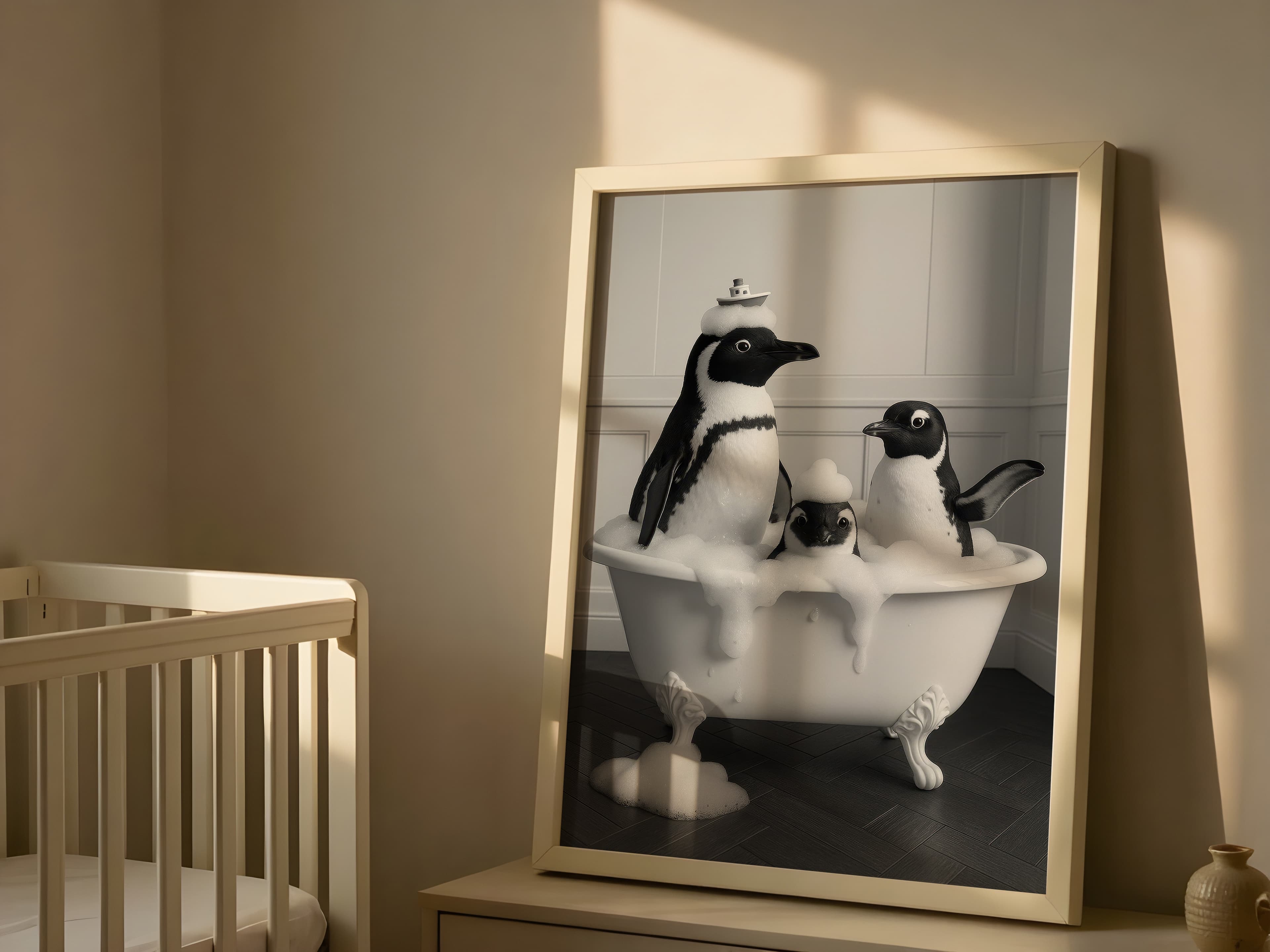 Penguin Family Bathtub Print, Funny Bathroom Wall Art, Kids Bath Decor