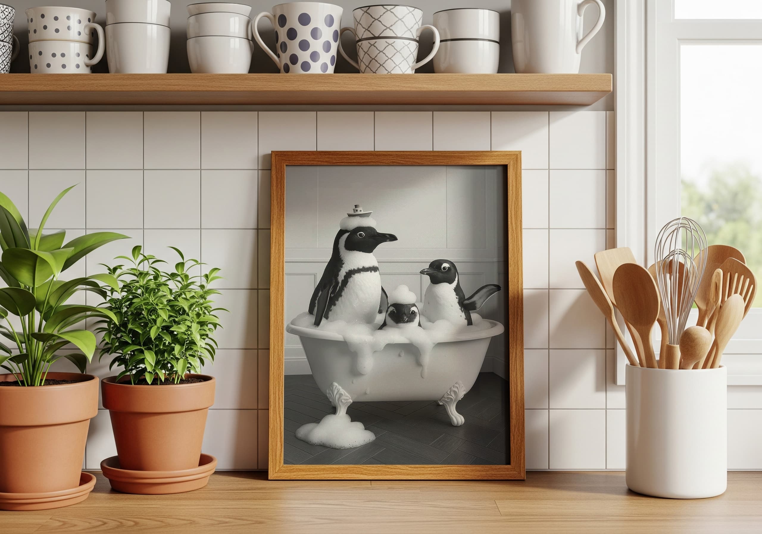 Penguin Family Bathtub Print, Funny Bathroom Wall Art, Kids Bath Decor