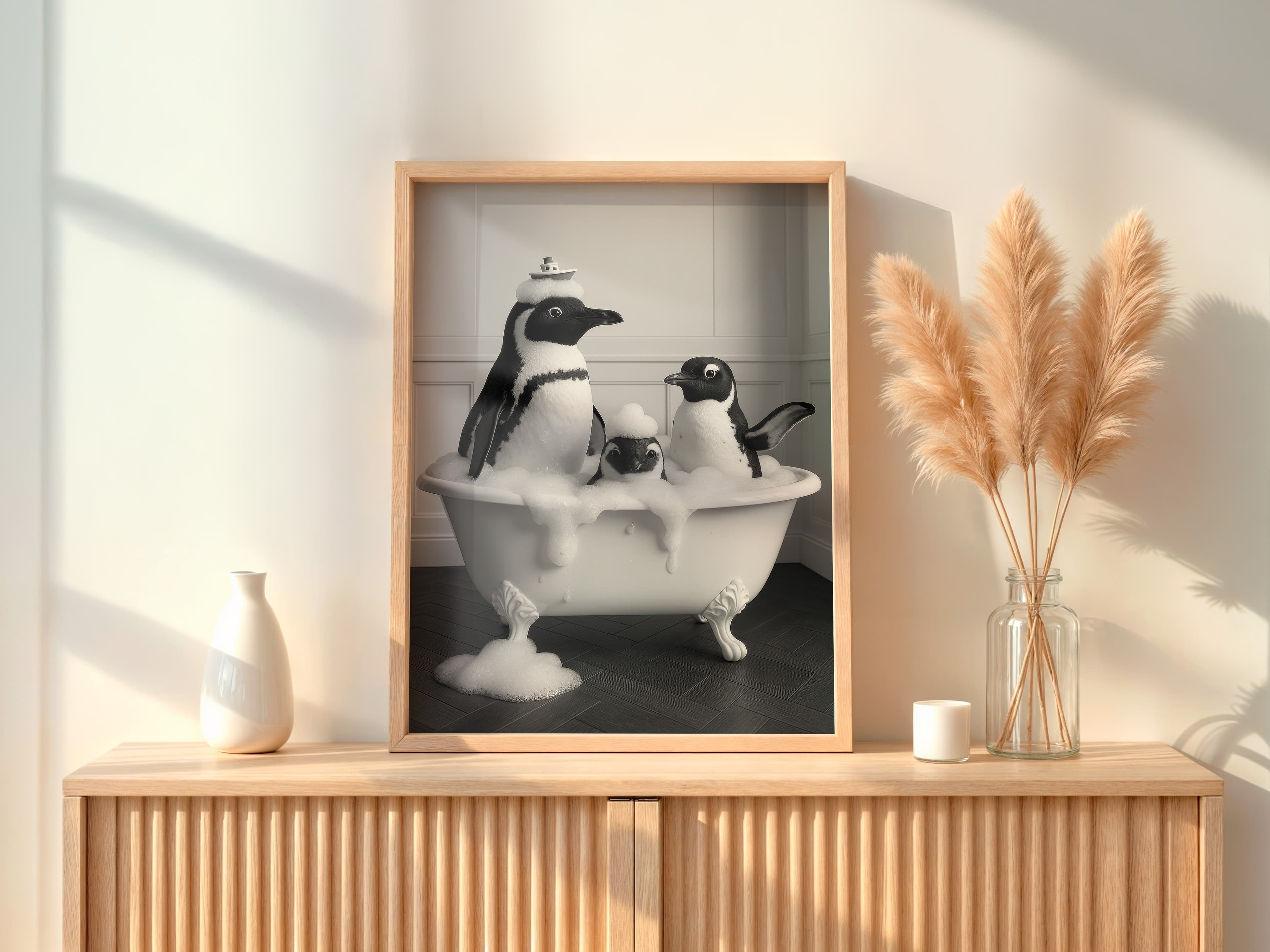 Penguin Family Bathtub Print, Funny Bathroom Wall Art, Kids Bath Decor