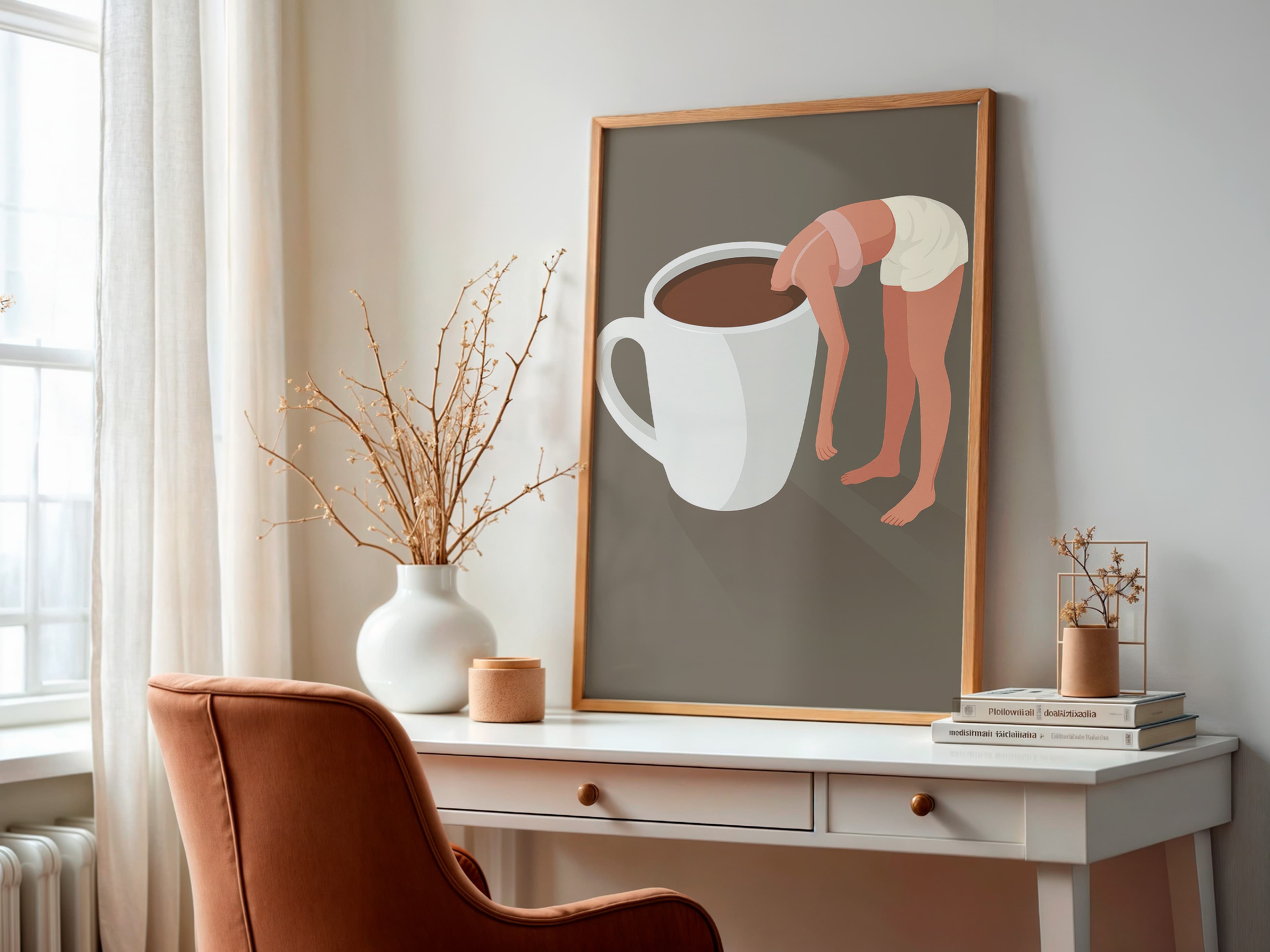 Woman in Coffee Cup Art Print, Minimalist Kitchen Decor