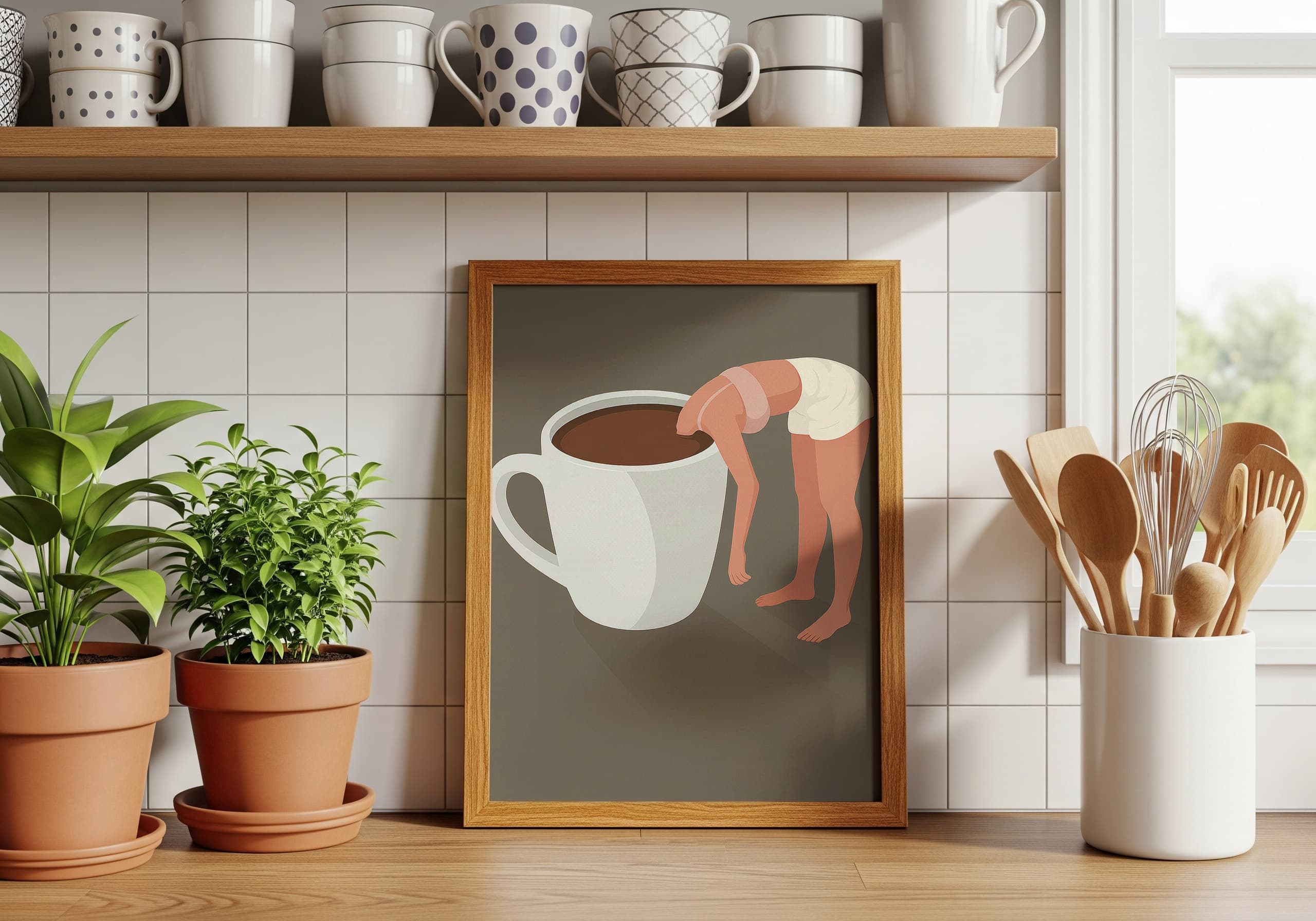 Woman in Coffee Cup Art Print, Minimalist Kitchen Decor