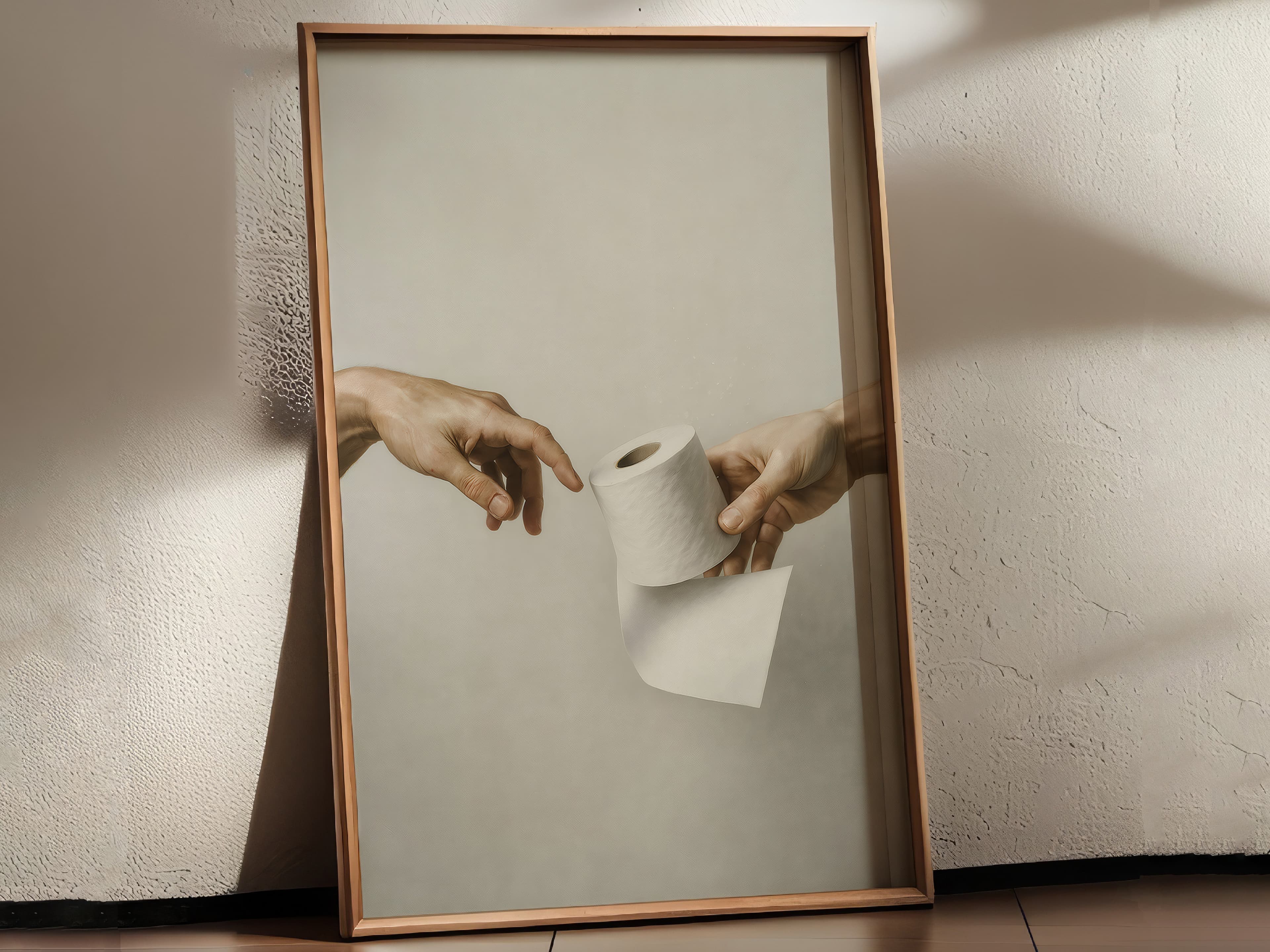 Michelangelo Creation Parody Poster, Toilet Paper Humor Art, Powder Room Decor