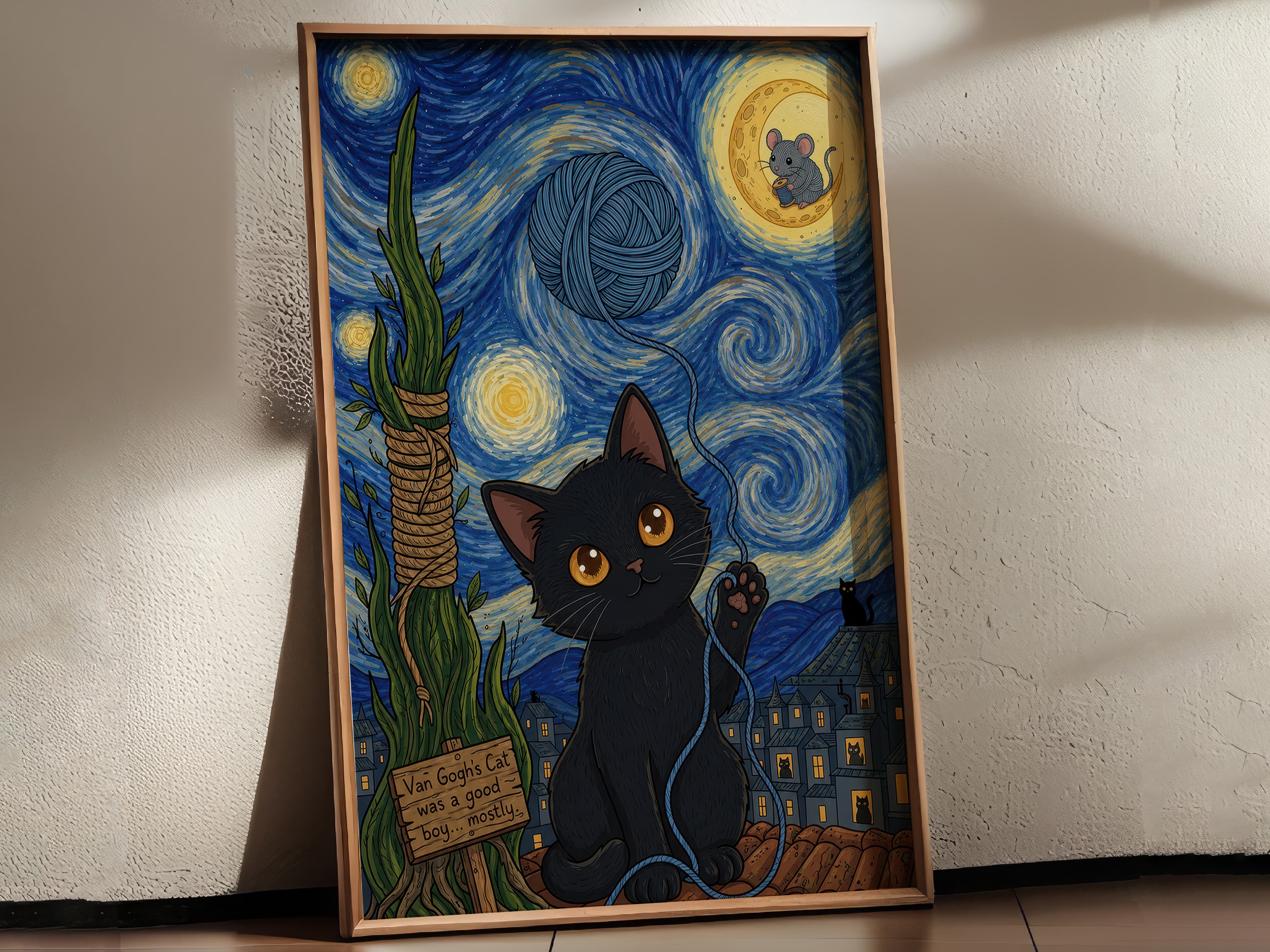 Black Cat Starry Night Print