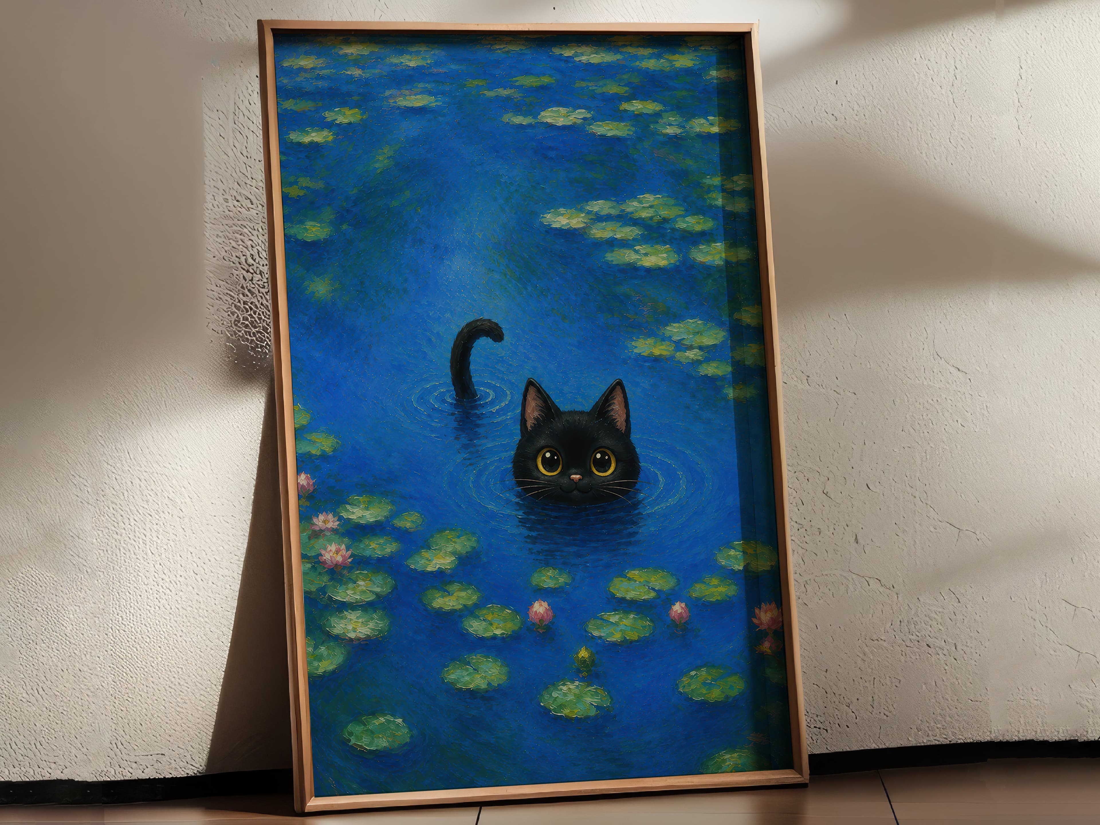 Black Cat Water Lily Pond Art