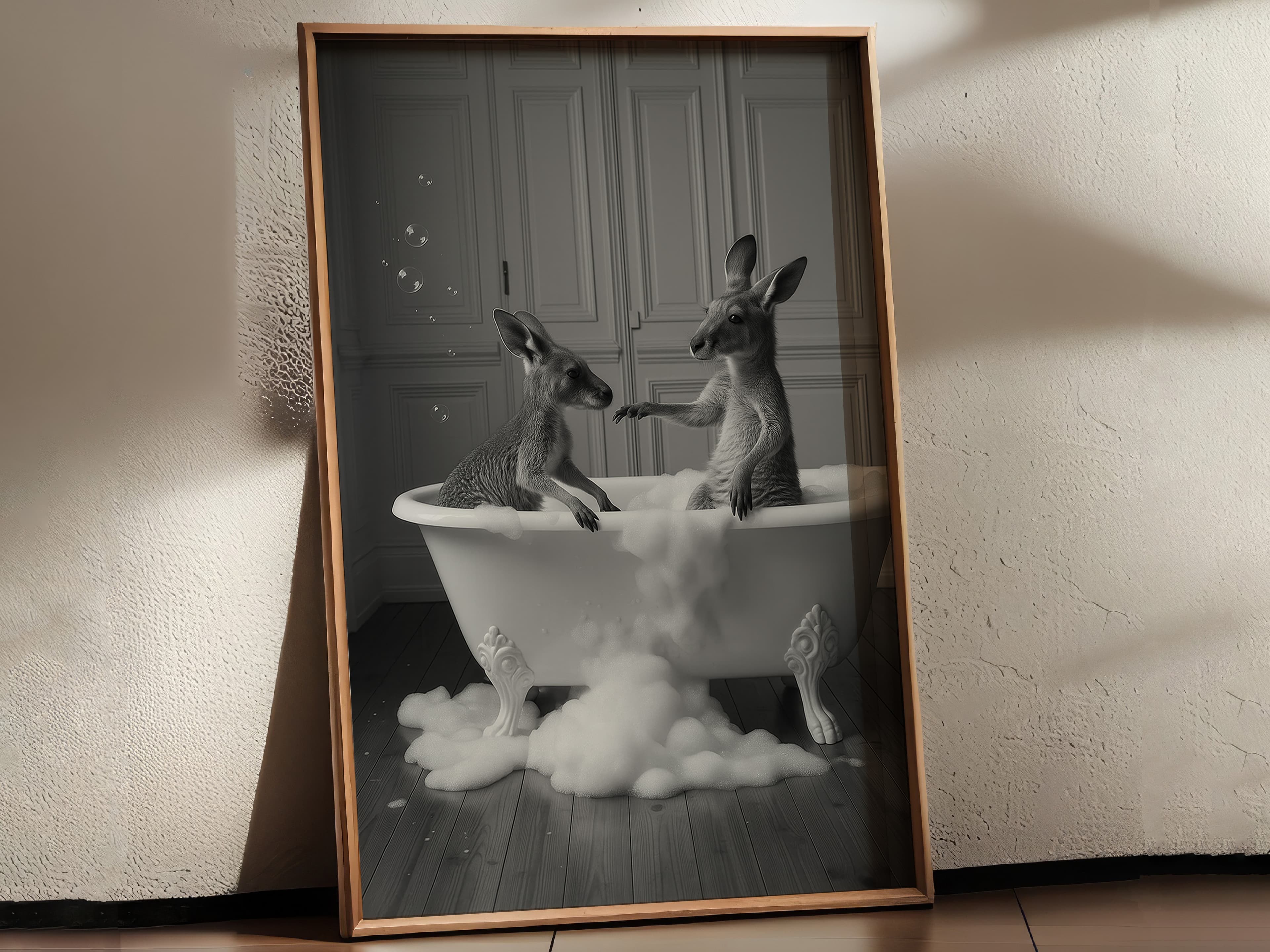 Kangaroo Bathtub Print, Surreal Animal Bathroom Wall Art, Funny Powder Room Decor
