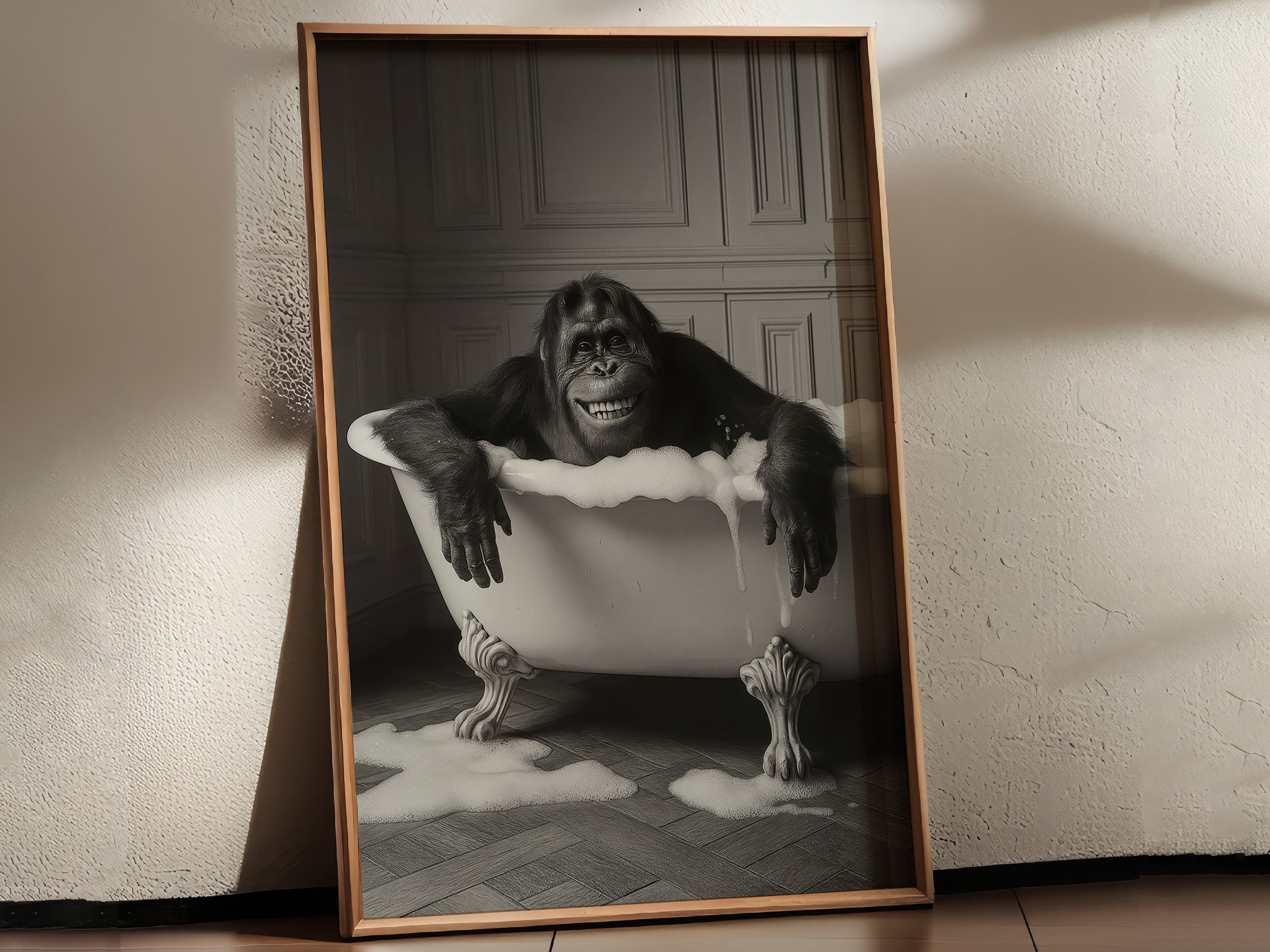 Monkey in Bathtub Print, Funny Bathroom Wall Art, Black White Animal Humor