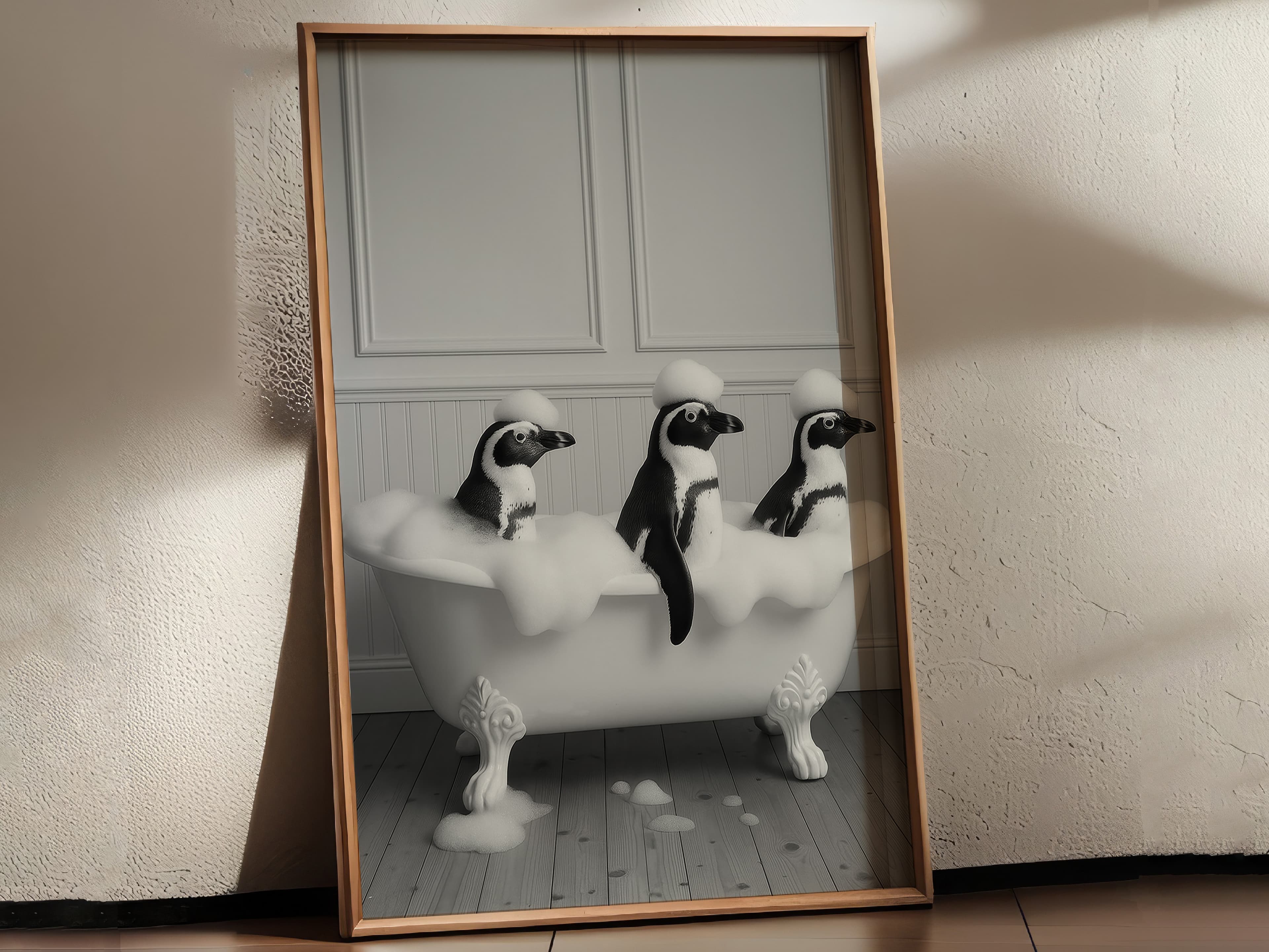 Penguins in Bathtub Print, Funny Bathroom Wall Art, Deadpan Animal Humor