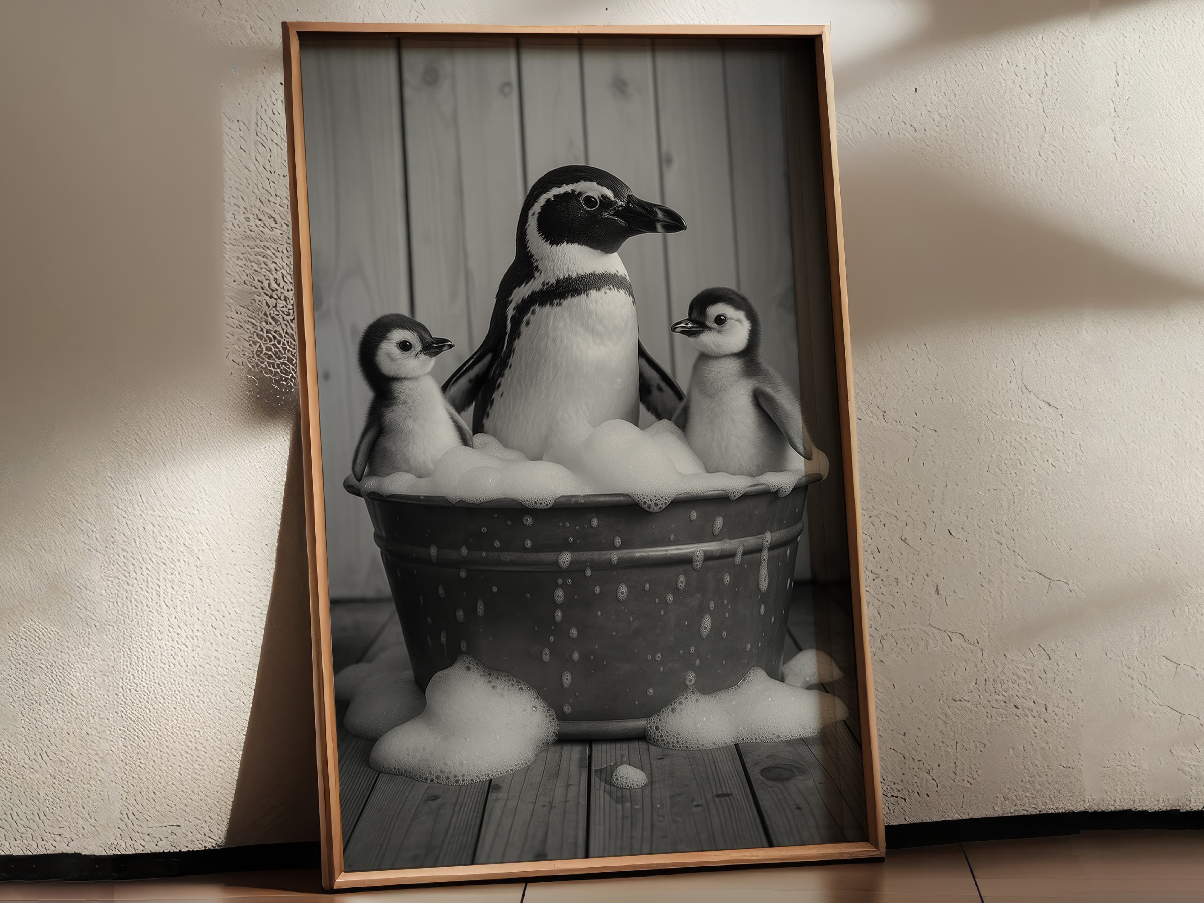 Penguin Family Bathtub Print, Funny Bathroom Wall Art, Quirky Nursery Decor