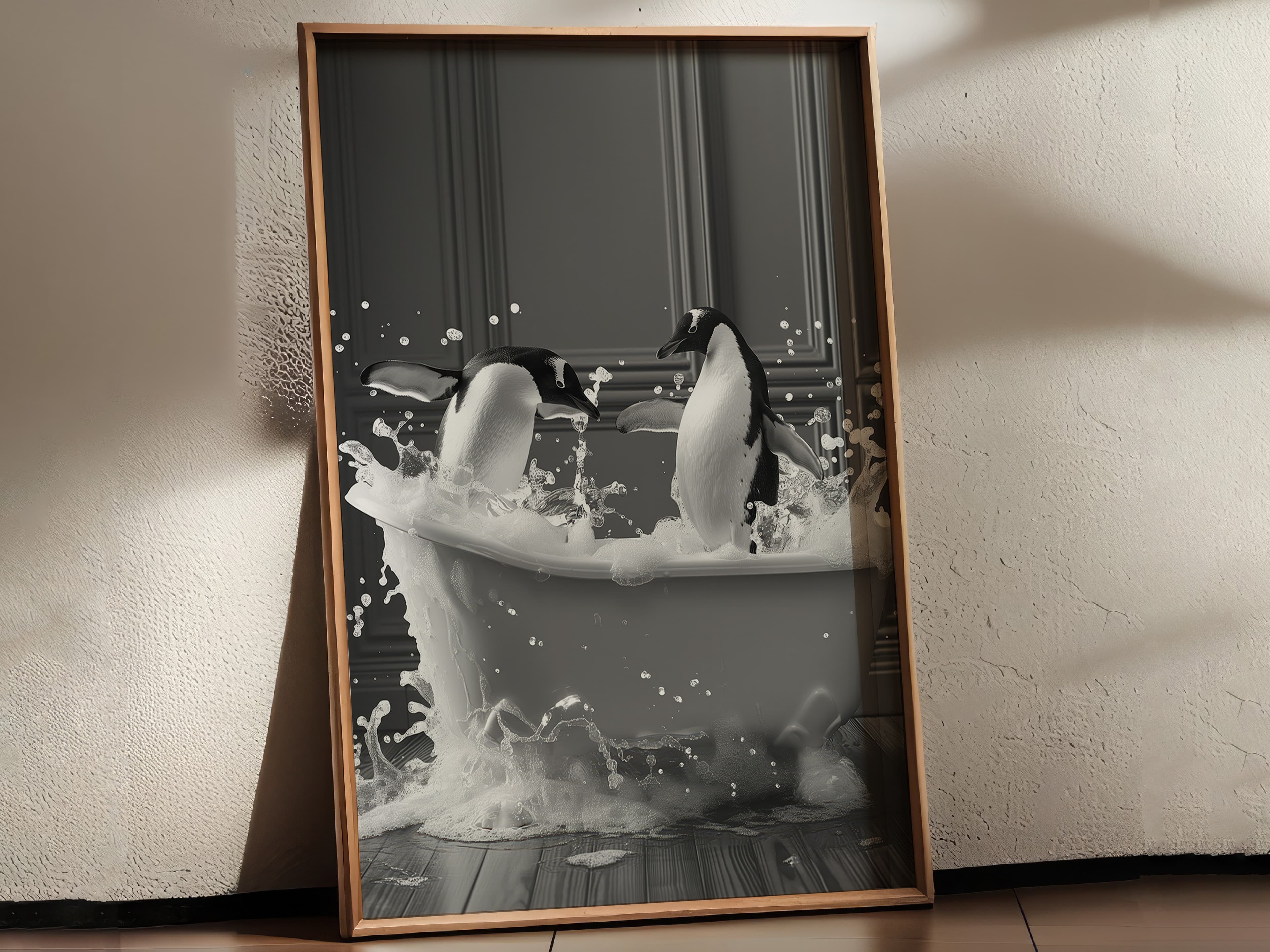 Penguin Bathtub Print – Funny Black and White Animal Art