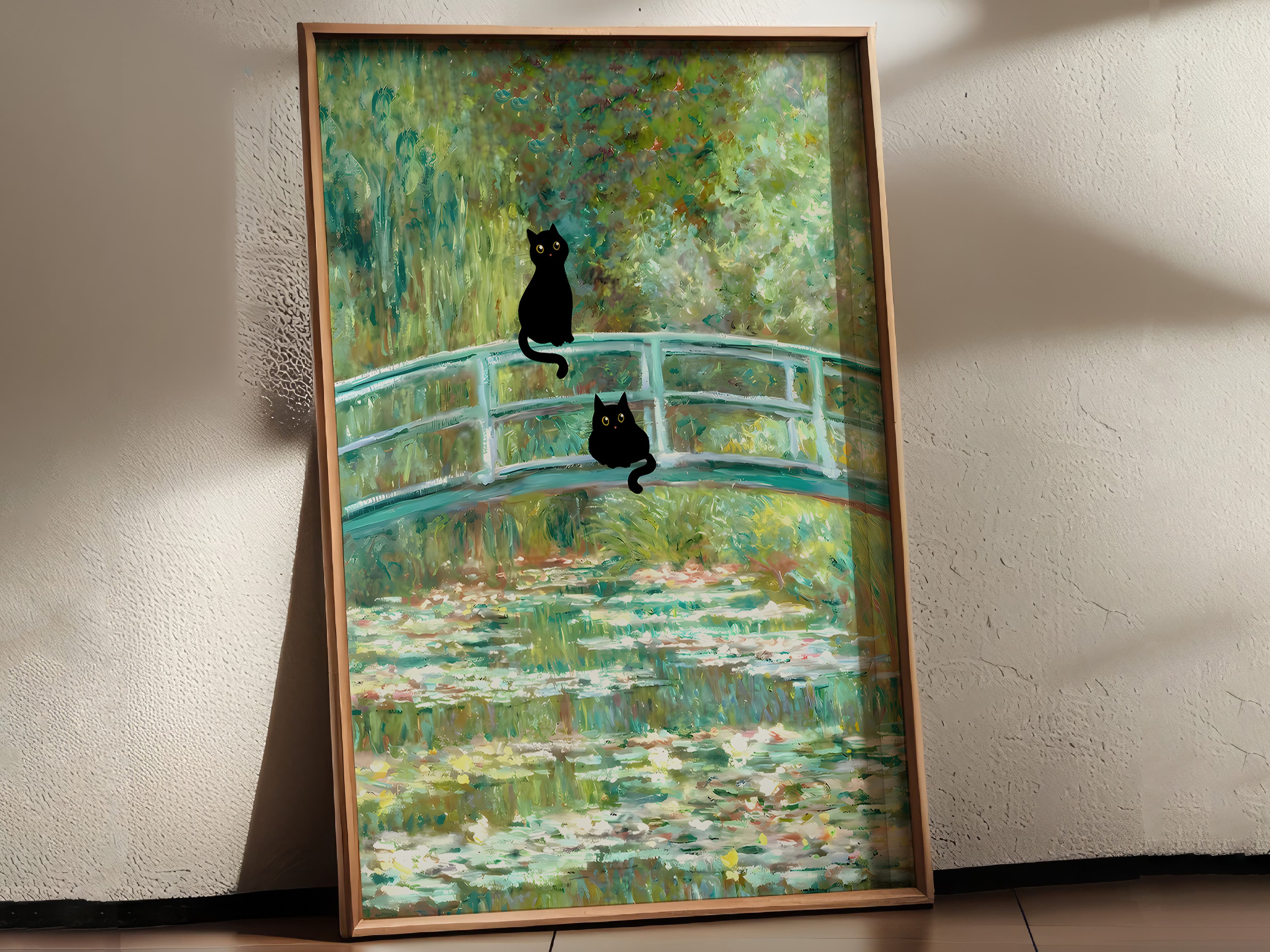 Black Cat Lily Pond Print, Monet Parody Wall Art, Humorous Bathroom Decor