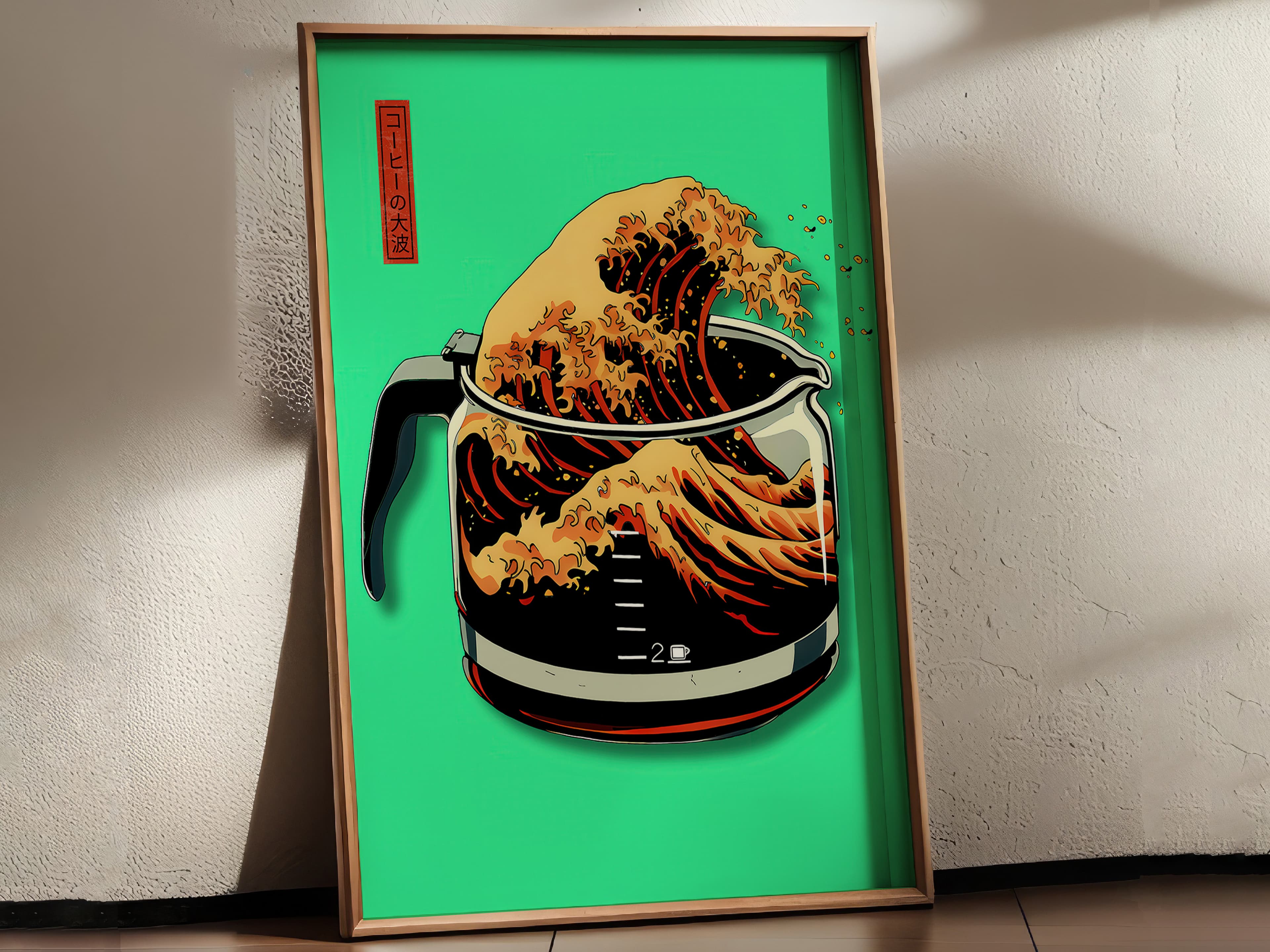Neon Green Coffee Wave Print, Hokusai Inspired Kitchen Poster, Cafe Wall Art