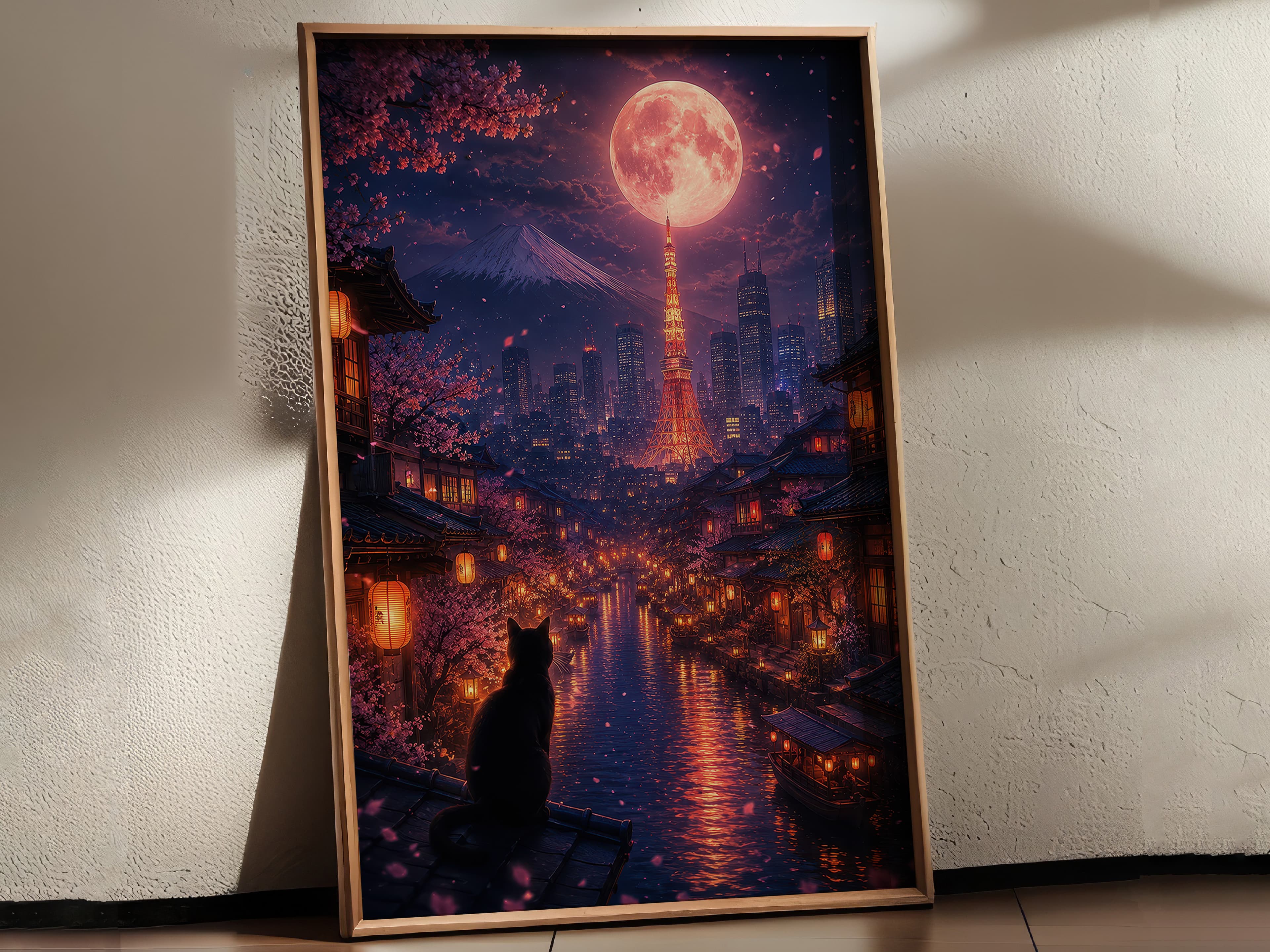 Black Cat Cherry Blossom Print