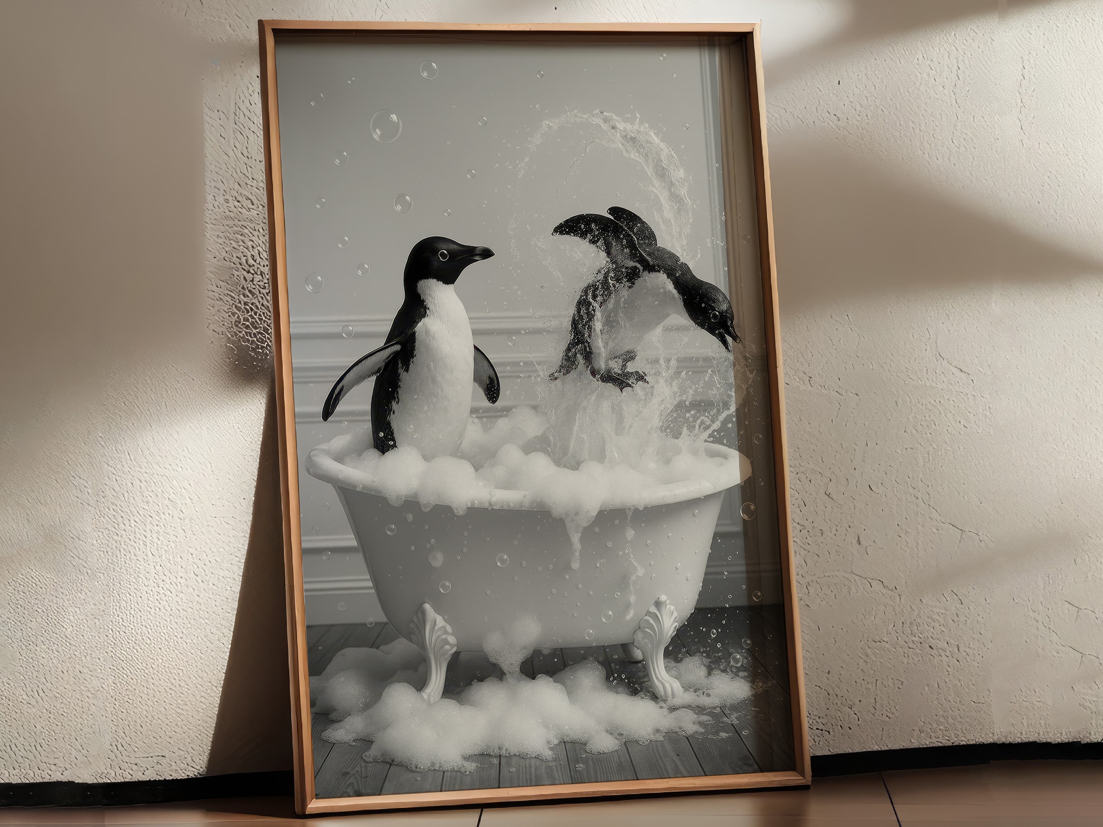 Penguin in Bathtub Print, Funny Bathroom Wall Art, Quirky Animal Poster