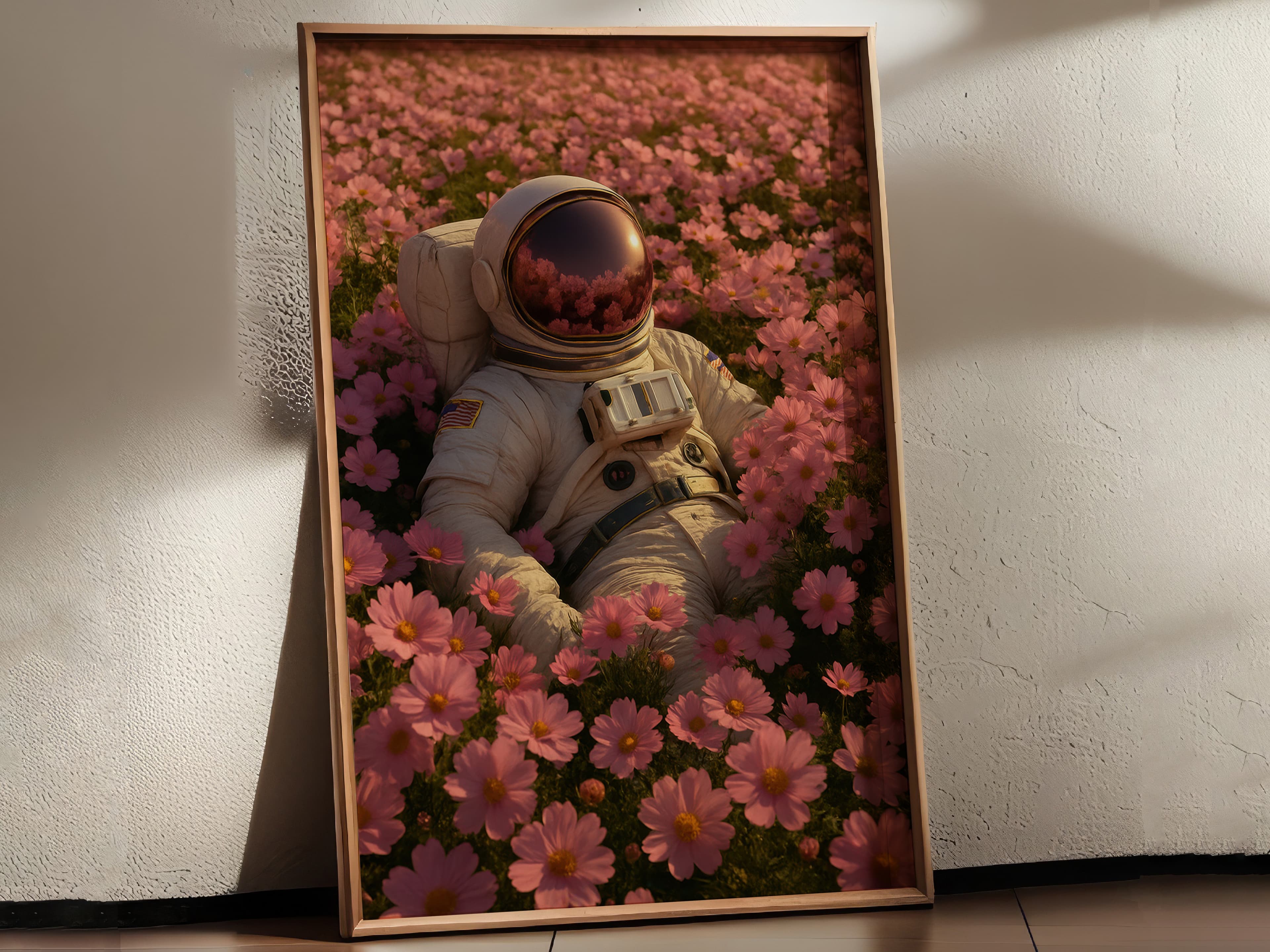 Astronaut in Pink Flower Field Print, Surreal Space Art, Calm Bedroom Decor