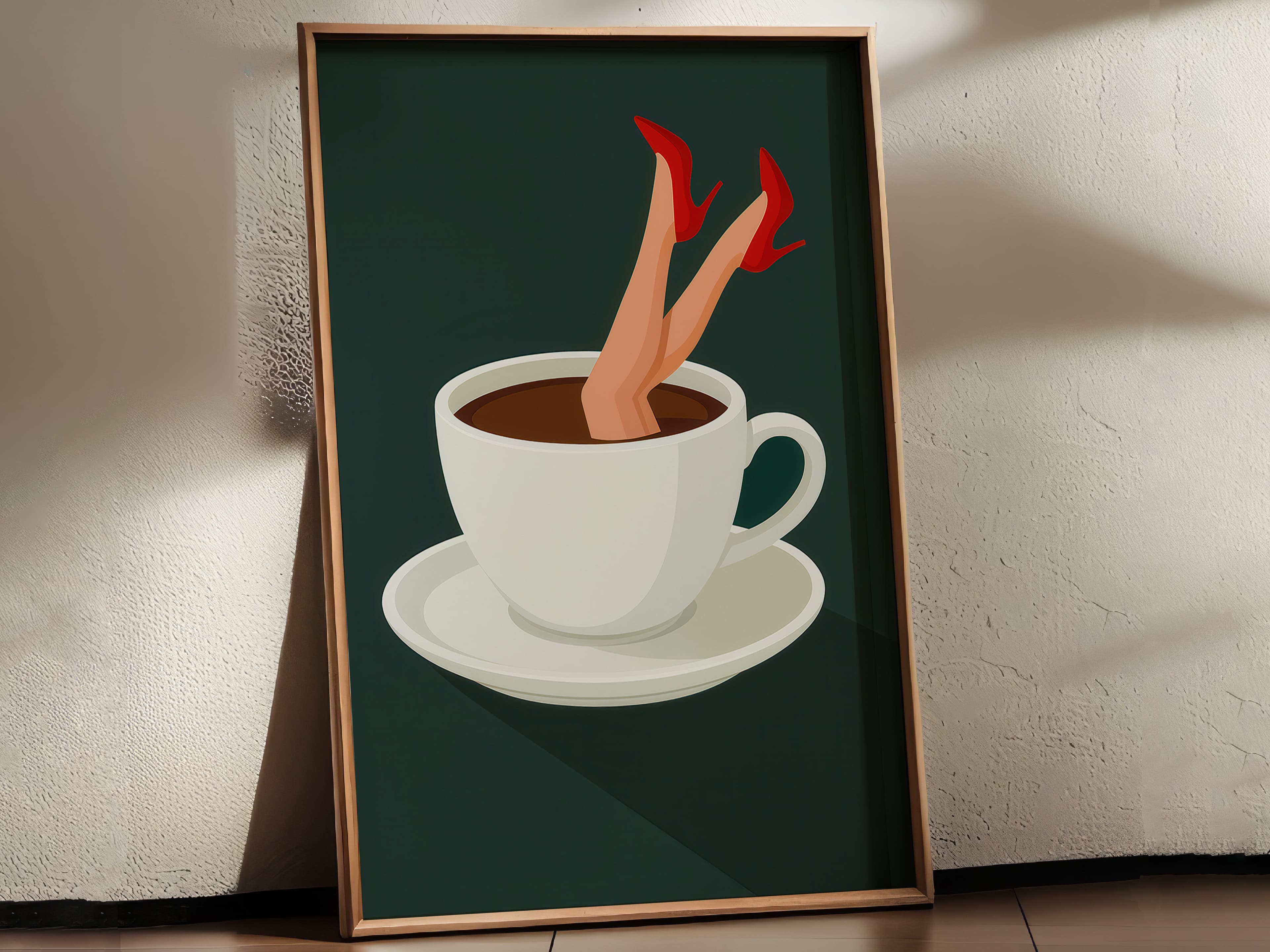 Red Stiletto Coffee Cup Print, Retro Kitchen Wall Art, Quirky Cafe Decor