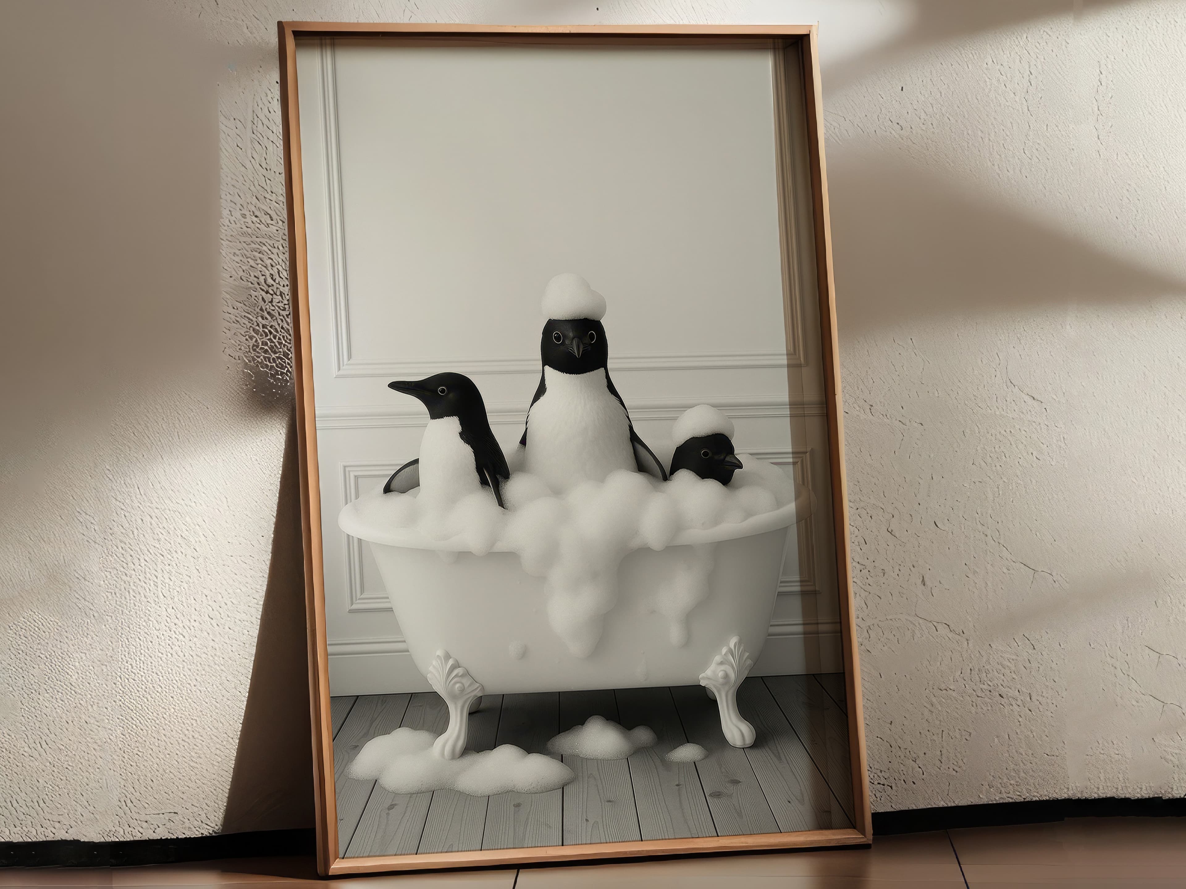 Penguin Family Bathtub Print, Whimsical Bathroom Wall Art, Funny Animal Decor
