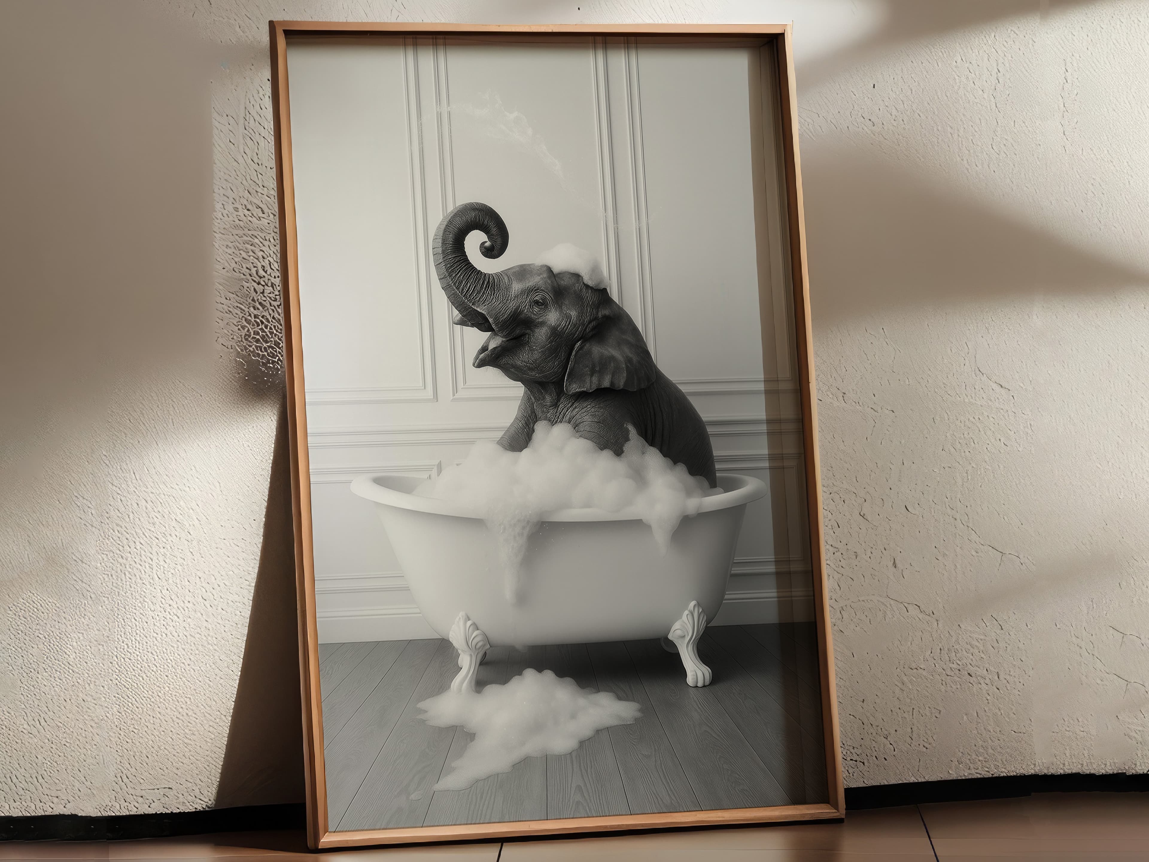 Baby Elephant in Bathtub Print, Nursery Bathroom Wall Art, Playful Animal Decor