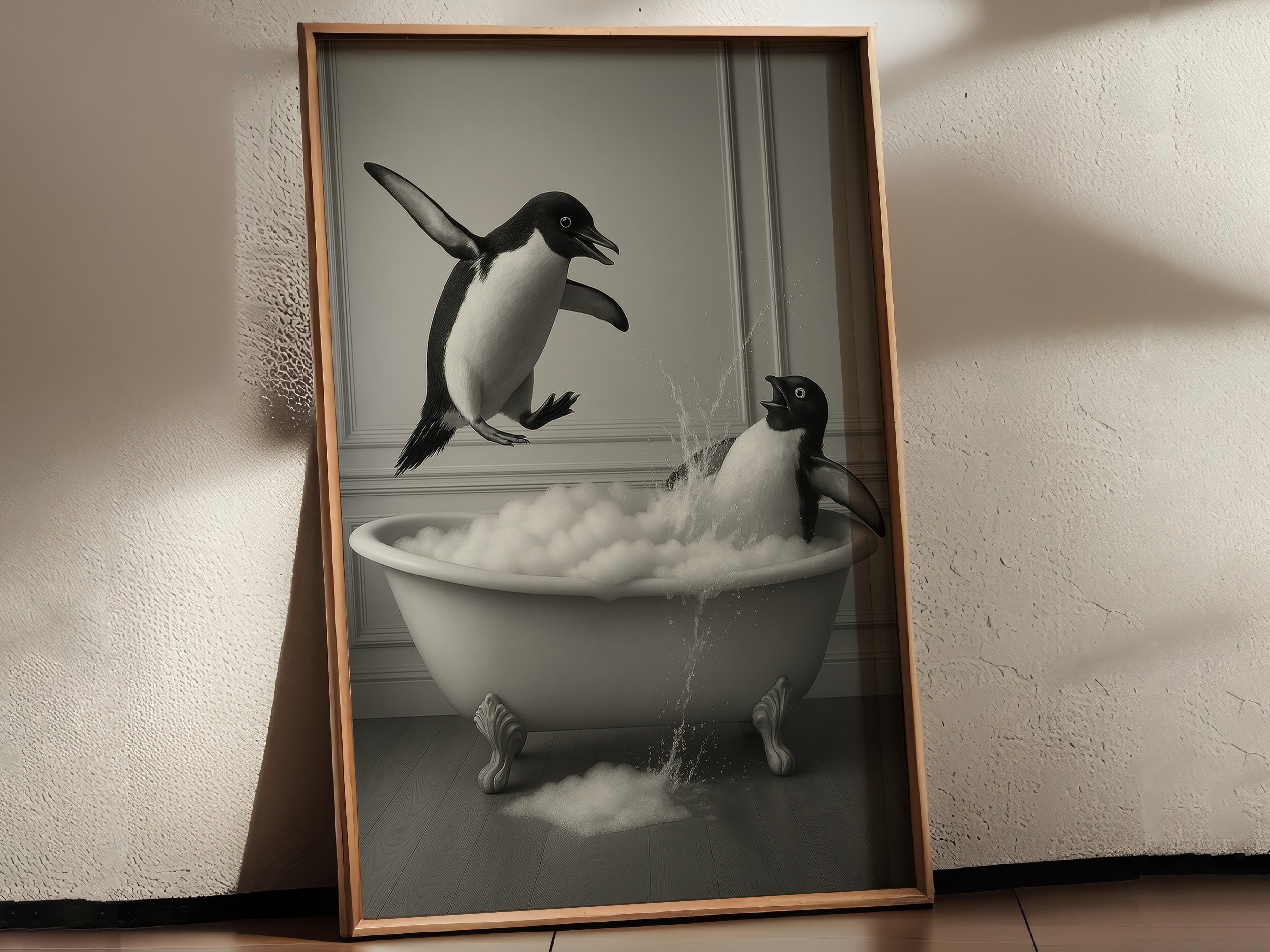 Penguin Bathtub Print, Funny Bathroom Wall Art, Quirky Animal Humor Poster
