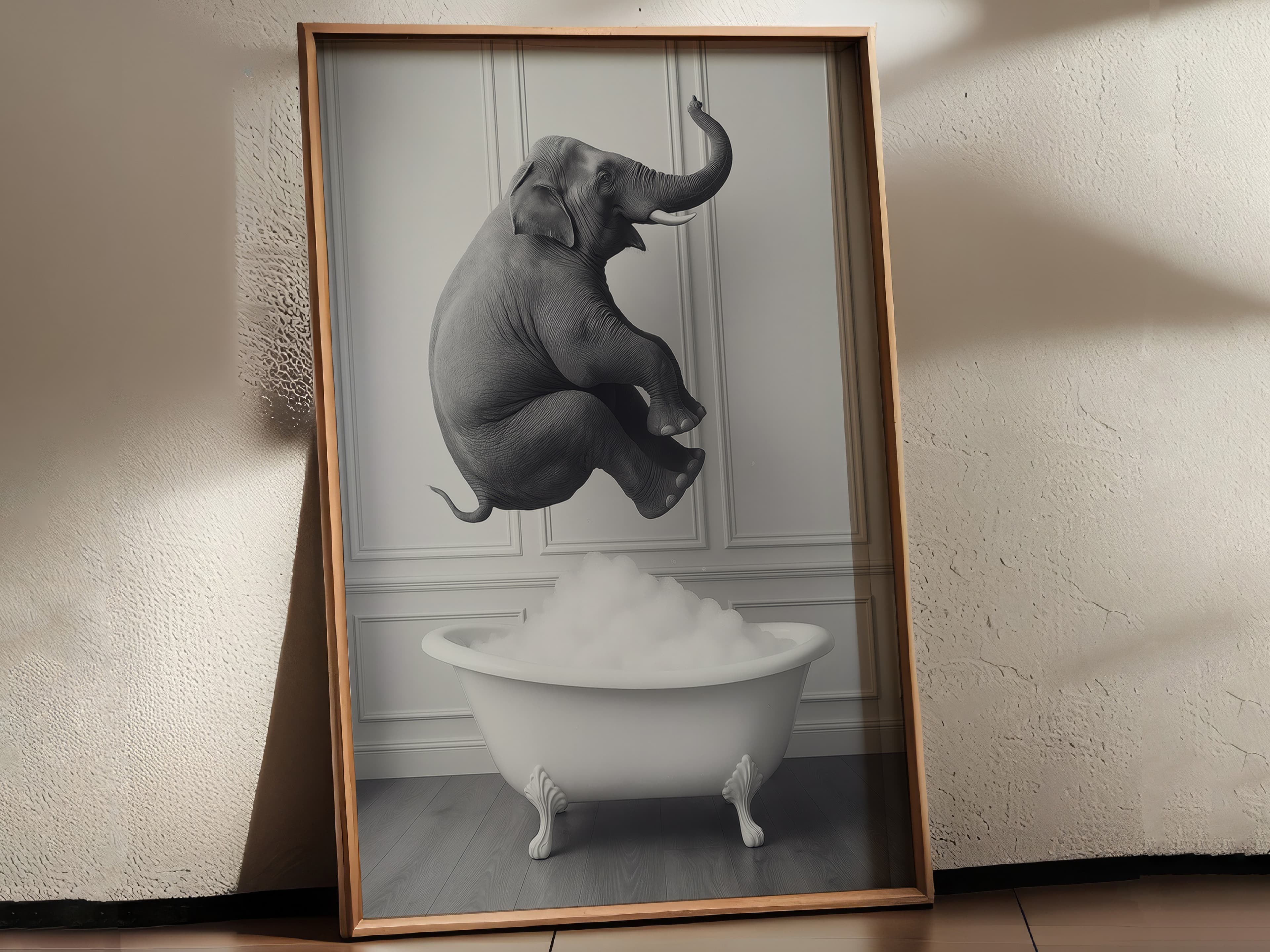 Elephant in Bathtub Print, Funny Bathroom Wall Art, Whimsical Powder Room Poster