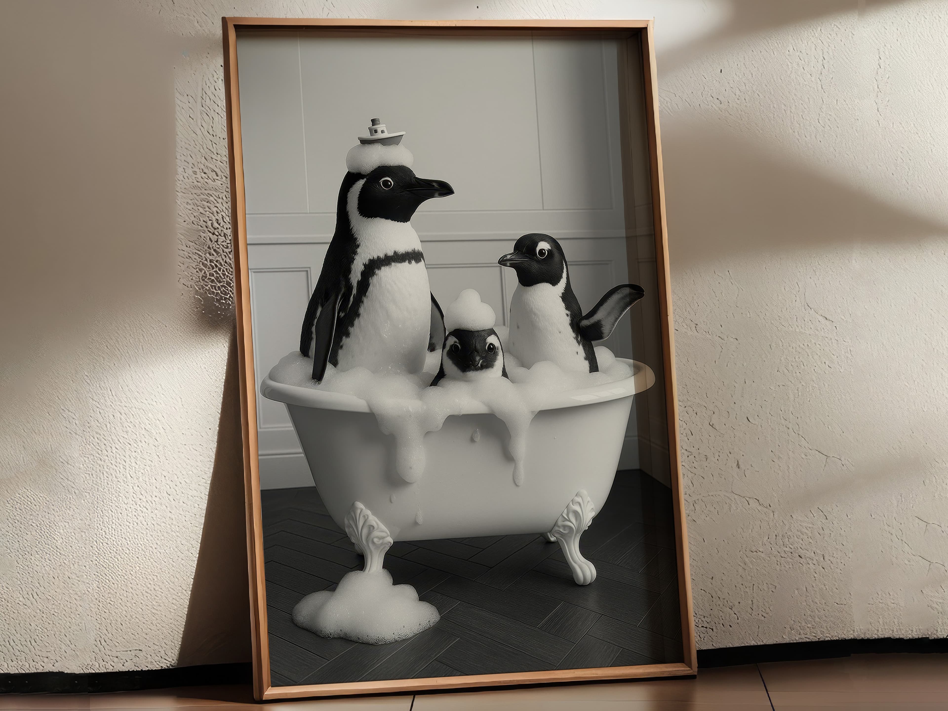 Penguin Family Bathtub Print, Funny Bathroom Wall Art, Kids Bath Decor